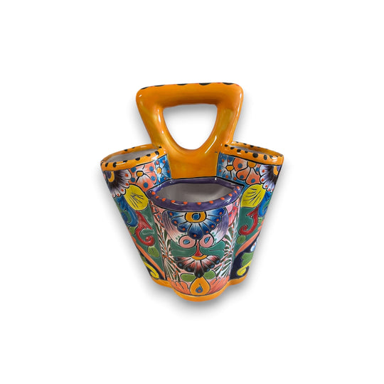 Talavera Utensil Holder | Hand-Painted Mexican Kitchen Organizer - hand-painted three-compartment Talavera ceramic utensil caddy from Guanajuato