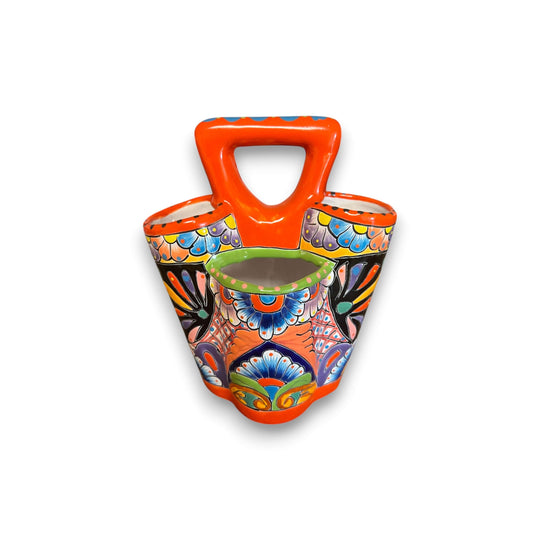 Talavera Utensil Holder | Hand-Painted Mexican Kitchen Organizer handcrafted Talavera ceramic with three compartments and decorative handle