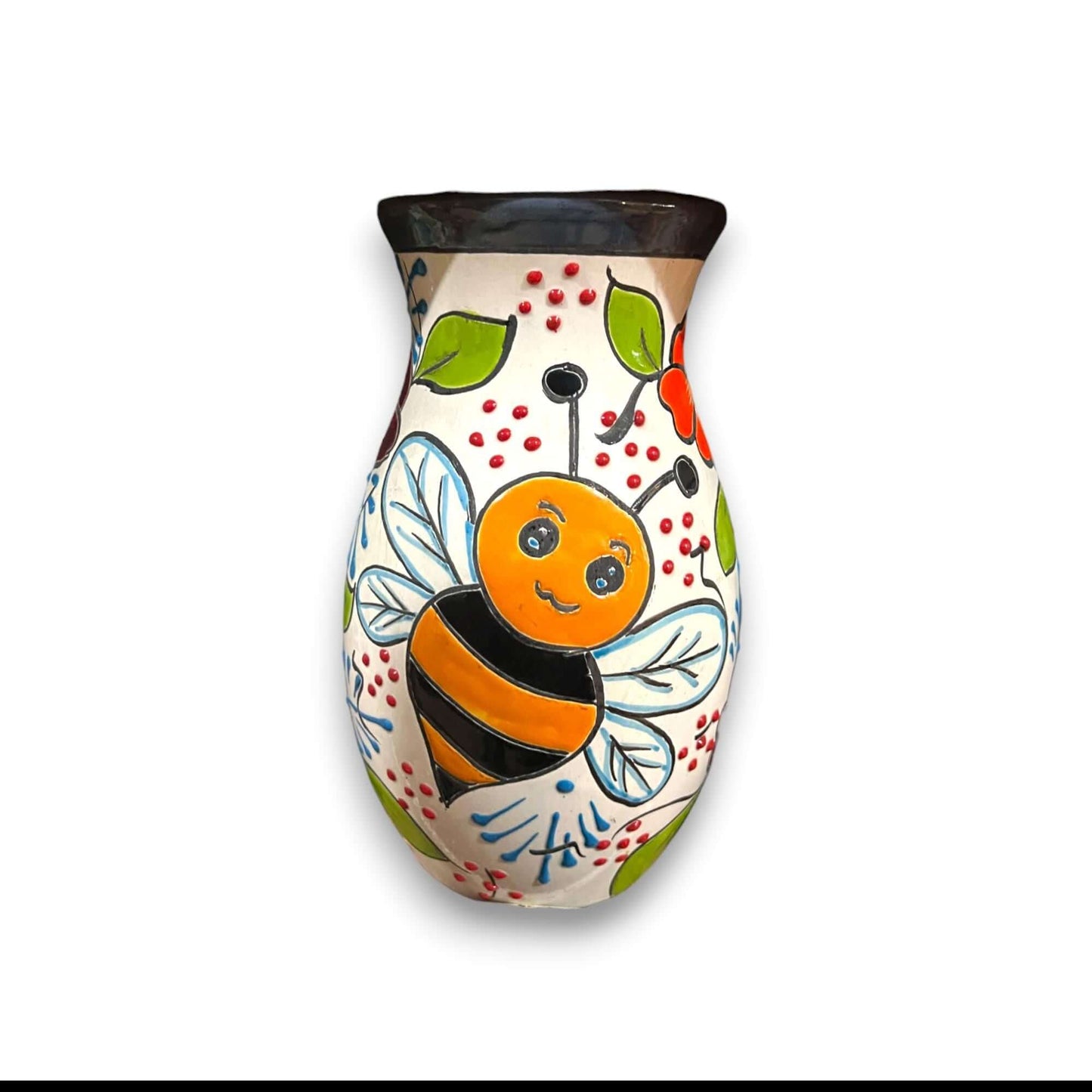 Talavera Vase with Bumble Bee Art | Hand-Painted Mexican Pottery - hand-painted Talavera vase with smiling bumble bee, floral motifs, lead-free glaze