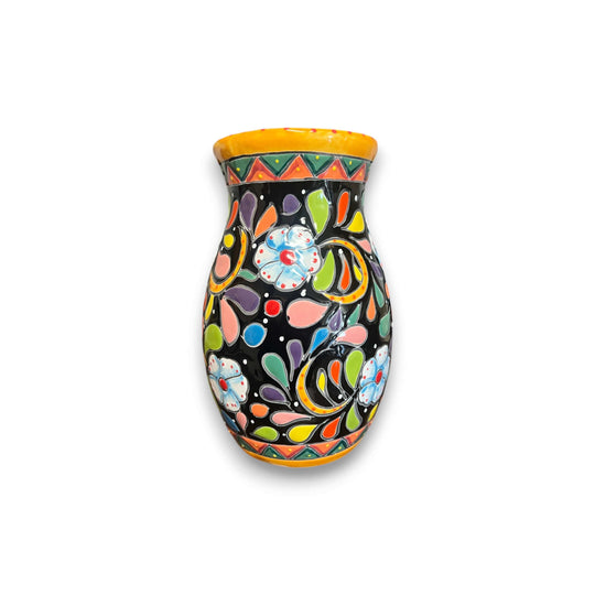 Talavera Vase | Hand-Painted Mexican Ceramic Flower Pot with black background and colorful floral Talavera design, yellow rim
