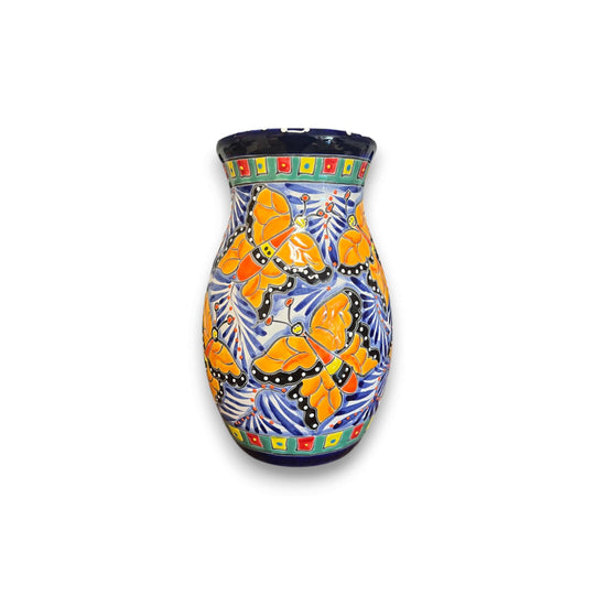 Talavera Vase | Hand-Painted Mexican Ceramic Flower Pot - hand-painted butterfly design, bright blue background, kiln-fired lead-free glaze
