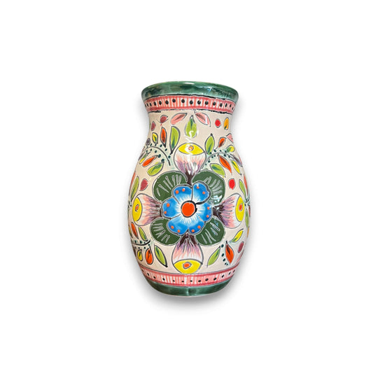 Talavera Vase | Hand-Painted Mexican Ceramic Flower Pot with colorful hand-painted floral design from Guanajuato, lead-free glazed