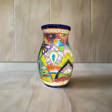 Talavera Vase | Hand-Painted Mexican Ceramic Flower Pot displaying vibrant hand-painted floral patterns from Guanajuato, lead-free glazed artisan piece