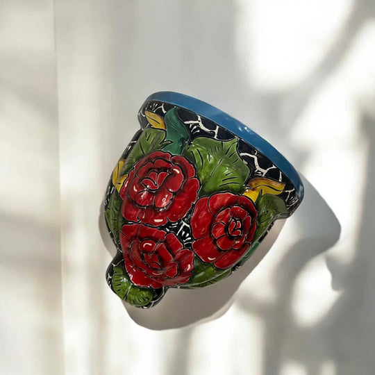 Colorful Talavera Wall Planter | Hand-Painted Mexican Hanging Decor - hand-painted red rose Talavera wall planter, kiln-fired, lead-free glaze