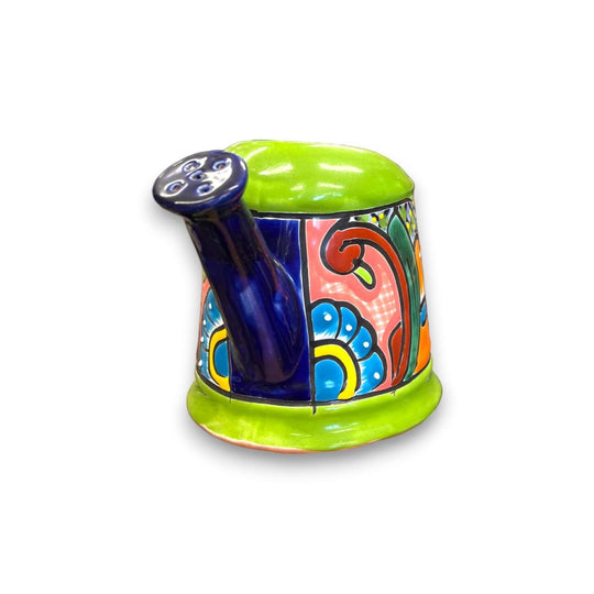 Talavera Watering Can Planter | Hand-Painted Mexican Pottery - vibrant hand-painted Talavera watering can planter with green rim and colorful floral pattern