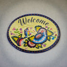 Colorful Talavera Welcome Plaque | Hand-Painted Wall Sign — oval hand-painted Talavera ceramic plaque with floral motif and bright blues, greens, oranges