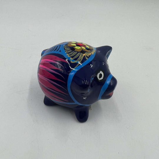 Set of 2 Pig Salt and Pepper Shakers | Hand-Painted Mexican Pottery - single hand-painted blue pig shaker with floral and dotted patterns