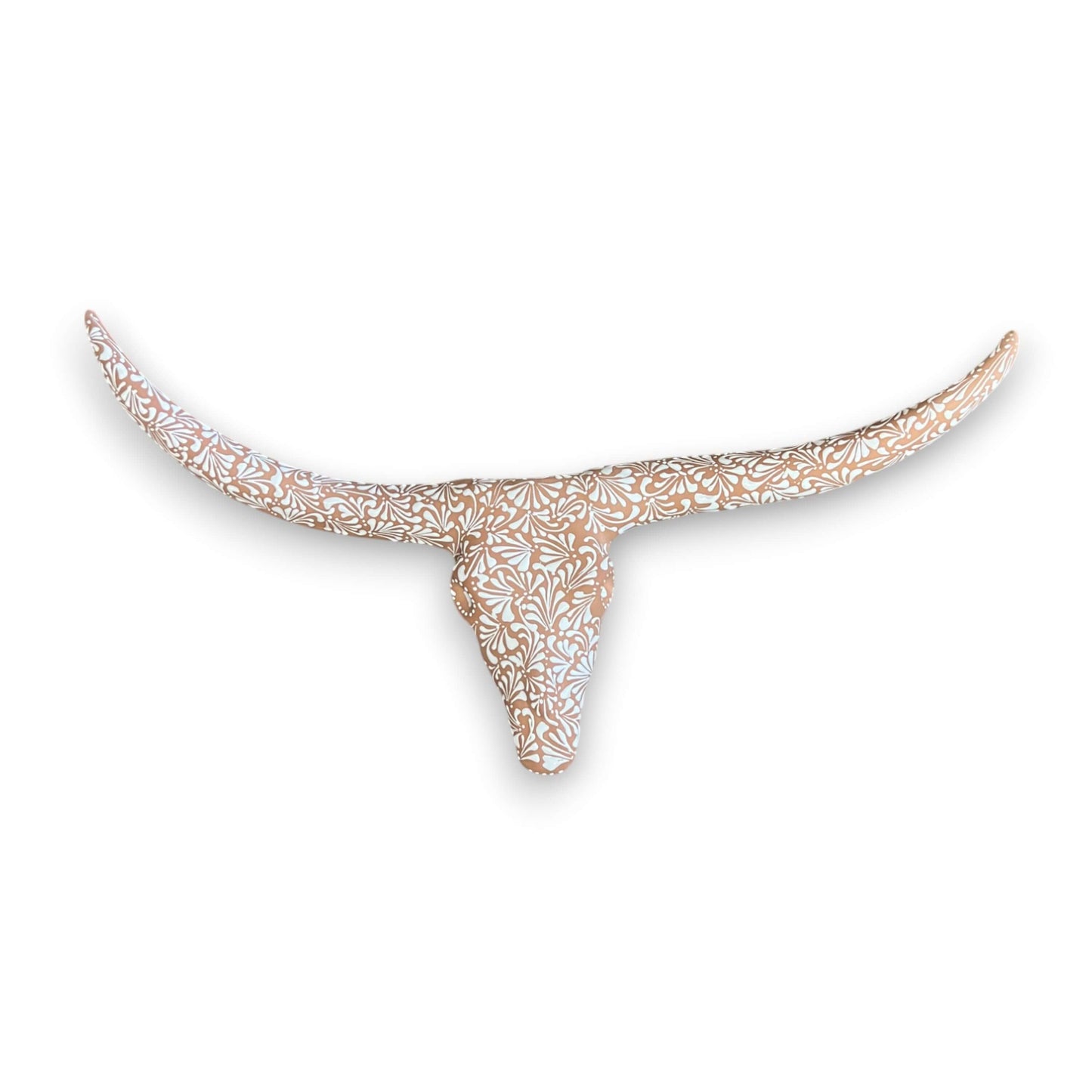 Terracotta Longhorn Wall Art | Hand-Painted Mexican Bull Skull - hand-painted terracotta bull skull with white floral pattern, kiln-fired lead-free glaze