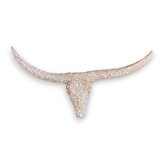 Terracotta Longhorn Wall Art | Hand-Painted Mexican Bull Skull - hand-painted terracotta bull skull with white floral pattern, longhorn wall decor from Guanajuato