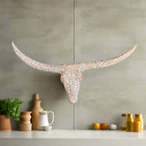 Terracotta Longhorn Wall Art | Hand-Painted Mexican Bull Skull hanging terracotta bull skull with white floral pattern over shelf