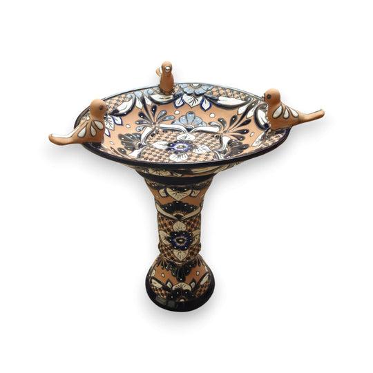 Terracotta Talavera Bird Bath | Black & Blue Hand-Painted Design - hand-painted terracotta pedestal bird bath with black blue floral pattern and sculpted birds