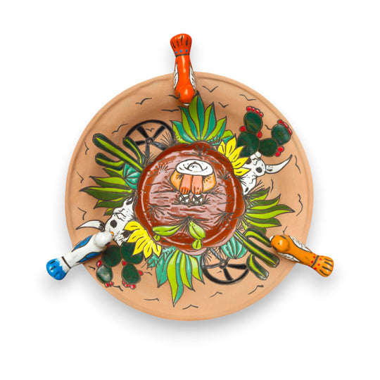 Hand-Painted Terracotta Talavera Bird Bath | Desert Garden Art - hand-painted terracotta bird bath with cactus motif and perched rim, Guanajuato craftsmanship