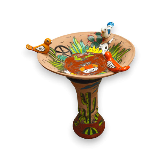 Hand-Painted Terracotta Talavera Bird Bath | Desert Garden Art hand-painted terracotta bird bath with cacti motif and perched colorful birds