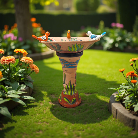 Hand-Painted Terracotta Talavera Bird Bath | Desert Garden Art - hand-painted terracotta bird bath with cacti motif and perched rim birds