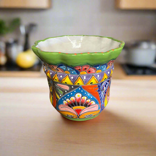 Wavy Rim Talavera Planter | Hand-Painted Mexican Flower Pot