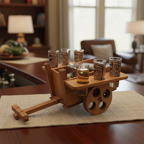 The Talavera Hub handblown Mexican decanter set with six shot glasses on a rustic wooden wagon display. Clear glass with brown labels.