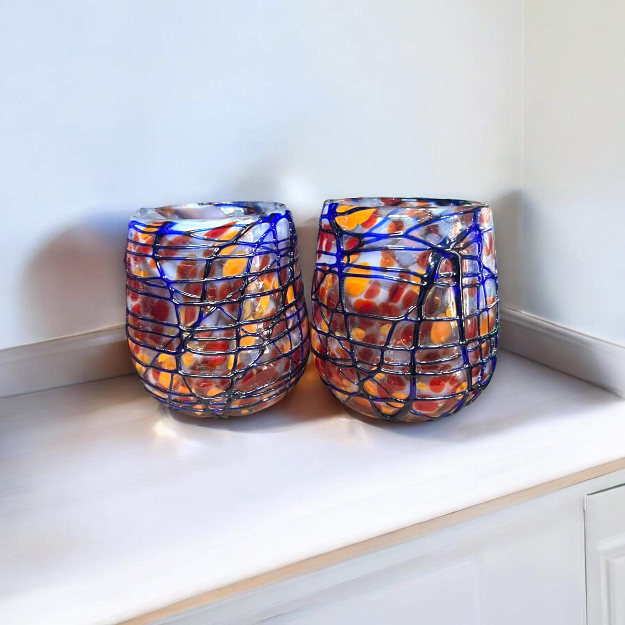 Orange & Blue Swirl Stemless Wine Glass