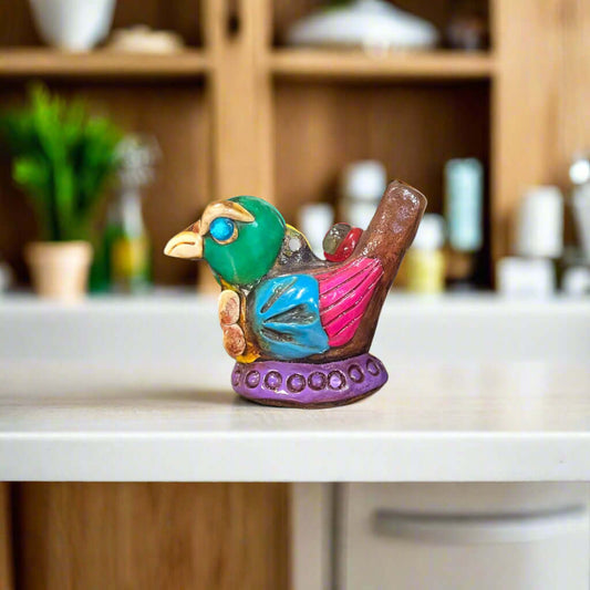 Small Aztec Bird Whistle | Handcrafted Cultural Ceramic Decor - colorful handcrafted Talavera-style ceramic bird whistle on kitchen counter