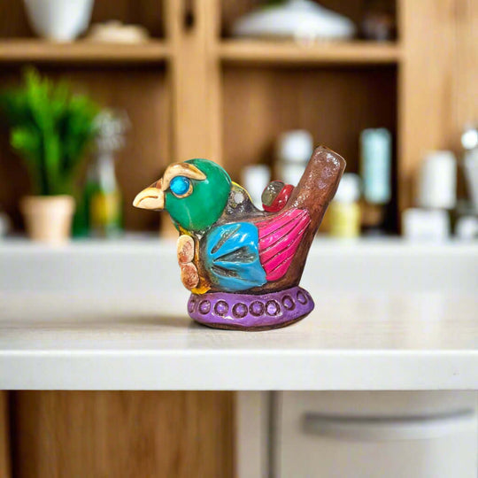Small Aztec Bird Whistle | Handcrafted Cultural Ceramic Decor - colorful handcrafted Talavera-style ceramic bird whistle on kitchen counter