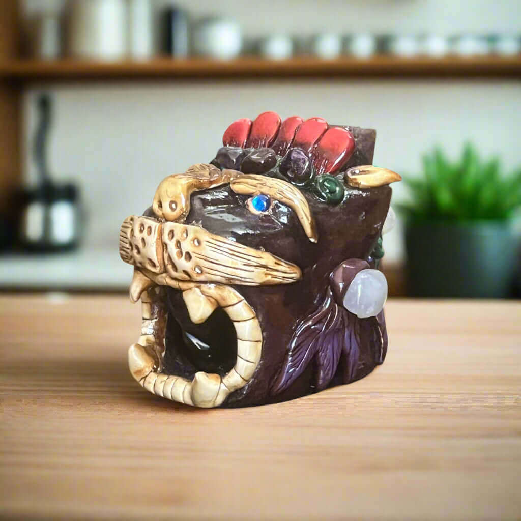 Aztec Death Whistle | Handcrafted Mexican Cultural Instrument handcrafted fierce creature head whistle from Guanajuato, clay ritual artifact