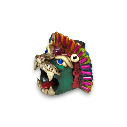 Aztec Death Whistle | Handcrafted Mexican Cultural Instrument - colorful handcrafted fierce creature head whistle with teeth and headdress