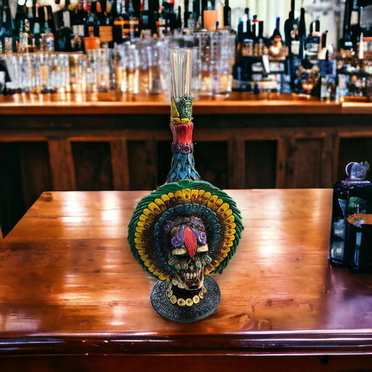 Unique Handcrafted Aztec Warrior Decanter | Authentic Cultural Artwork - colorful hand-painted Aztec warrior glass decanter on bar countertop