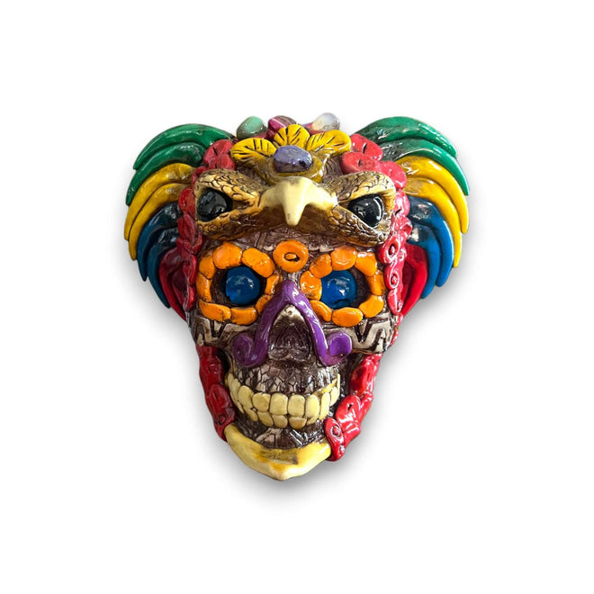 Handcrafted Aztec Warrior Skull Statue | Cultural Art - colorful handcrafted Aztec warrior skull mask by The Talavera Hub from Guanajuato