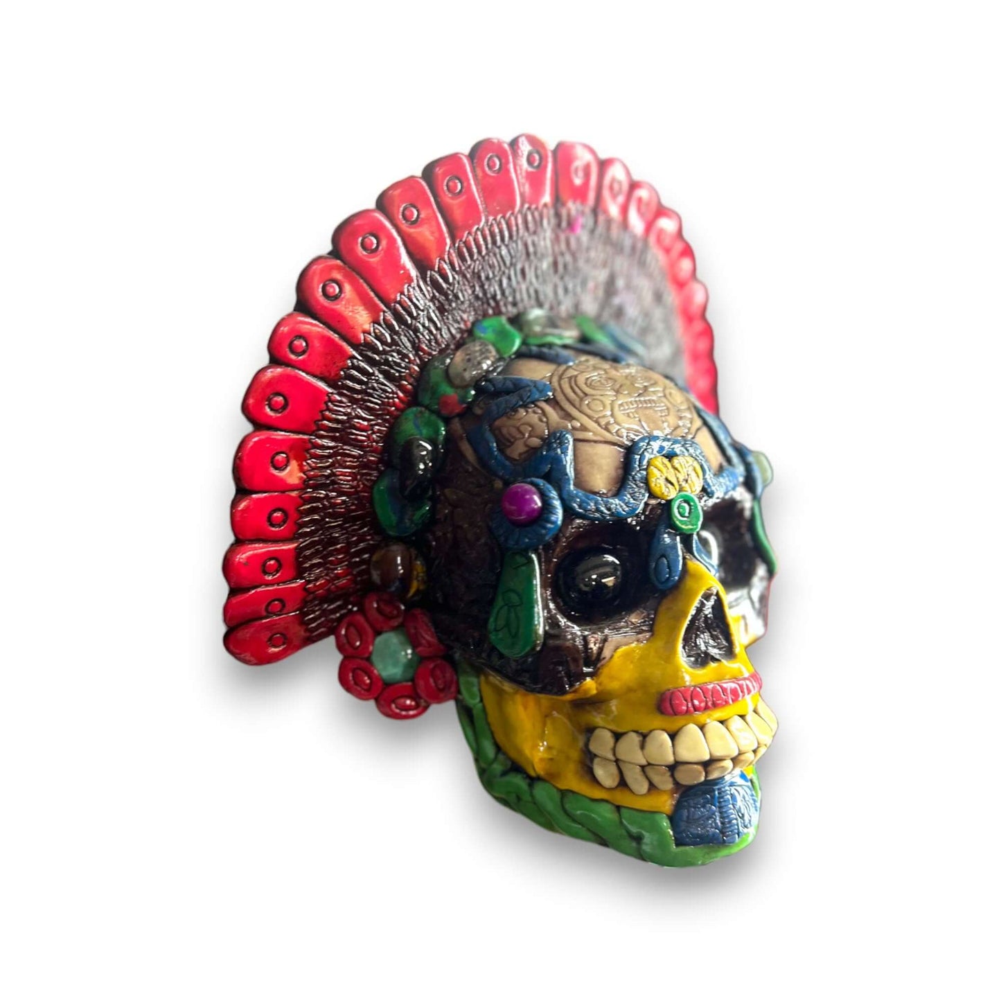 Handcrafted Aztec Warrior Skull Statue | Cultural Art - colorful handcrafted Aztec warrior skull with red feather headdress