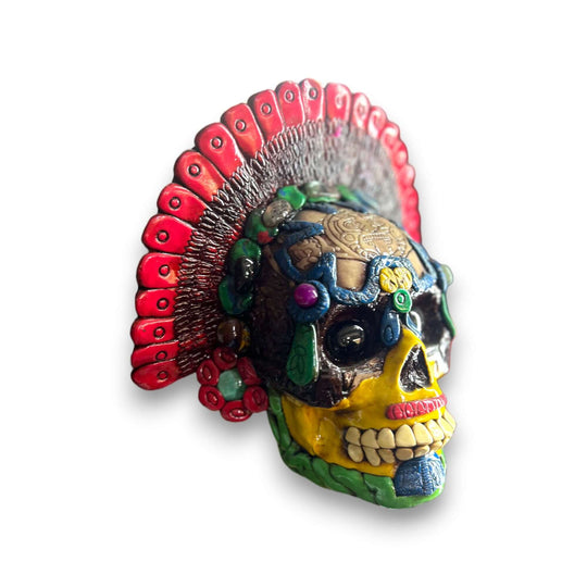 Handcrafted Aztec Warrior Skull Statue | Cultural Art - colorful handcrafted Aztec warrior skull with red feather headdress