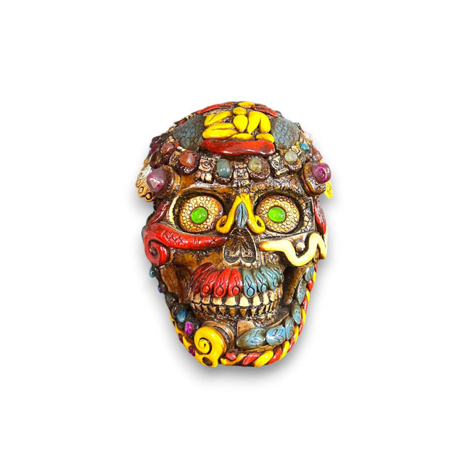 Handcrafted Aztec Warrior Skull Statue | Cultural Art - colorful hand-painted Mexican skull statue with beaded decorations