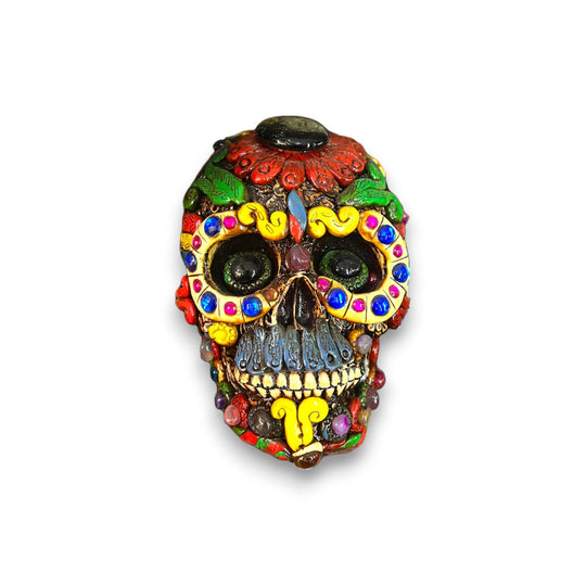 Handcrafted Aztec Warrior Skull Statue | Cultural Art - colorful handcrafted Mexican warrior skull statue with floral and jewel details