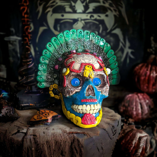 Handcrafted Aztec Warrior Skull Statue | Cultural Art - colorful hand-painted Aztec warrior skull with feathered headdress on wooden display