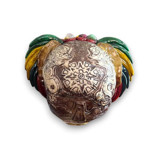 Handcrafted Aztec Warrior Skull Statue | Cultural Art - hand-painted ceramic skull with intricate Aztec patterns and colorful feather headdress