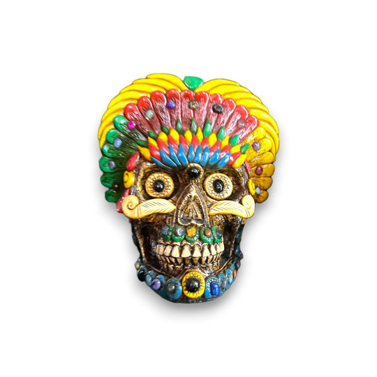 Handcrafted Aztec Warrior Skull Statue | Cultural Art - colorful handpainted artisan skull with feathered headdress from Guanajuato, Mexico