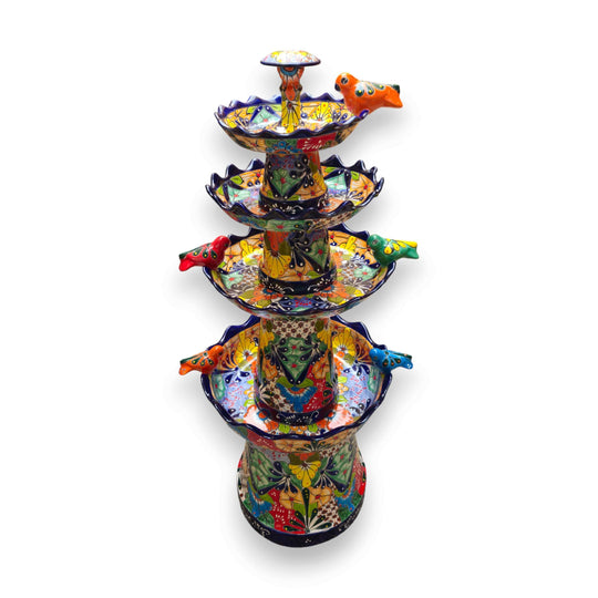 Blue Rim Tiered Talavera Fountain | Handcrafted Mexican Art - hand-painted multi-tier garden fountain with vivid blue rims and colorful floral Talavera patterns