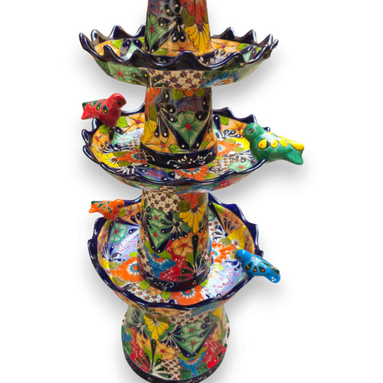 Blue Rim Tiered Talavera Fountain | Handcrafted Mexican Art - hand-painted multi-tier garden fountain with colorful birds and floral Talavera patterns