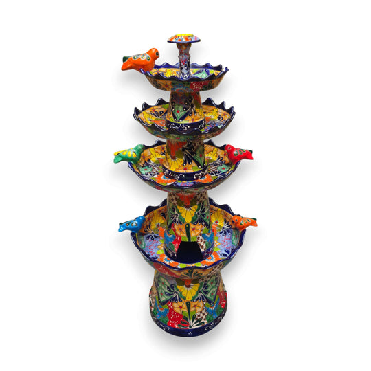 Blue Rim Tiered Talavera Fountain | Handcrafted Mexican Art - hand-painted multicolor 4-tier garden fountain with floral and geometric Talavera patterns