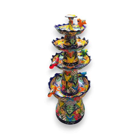 Blue Rim Tiered Talavera Fountain | Handcrafted Mexican Art - hand-painted multi-tier garden fountain with vivid blue rim and colorful floral Talavera patterns
