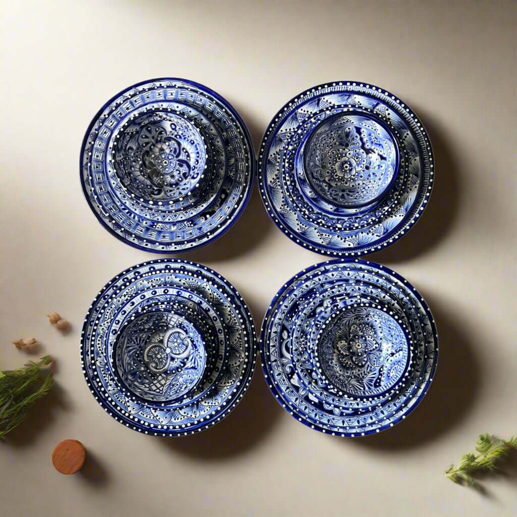 5-Piece Talavera Dinnerware Set | Blue & White Tableware for 1 - handcrafted blue and white Talavera bowls and plates arranged in four sets