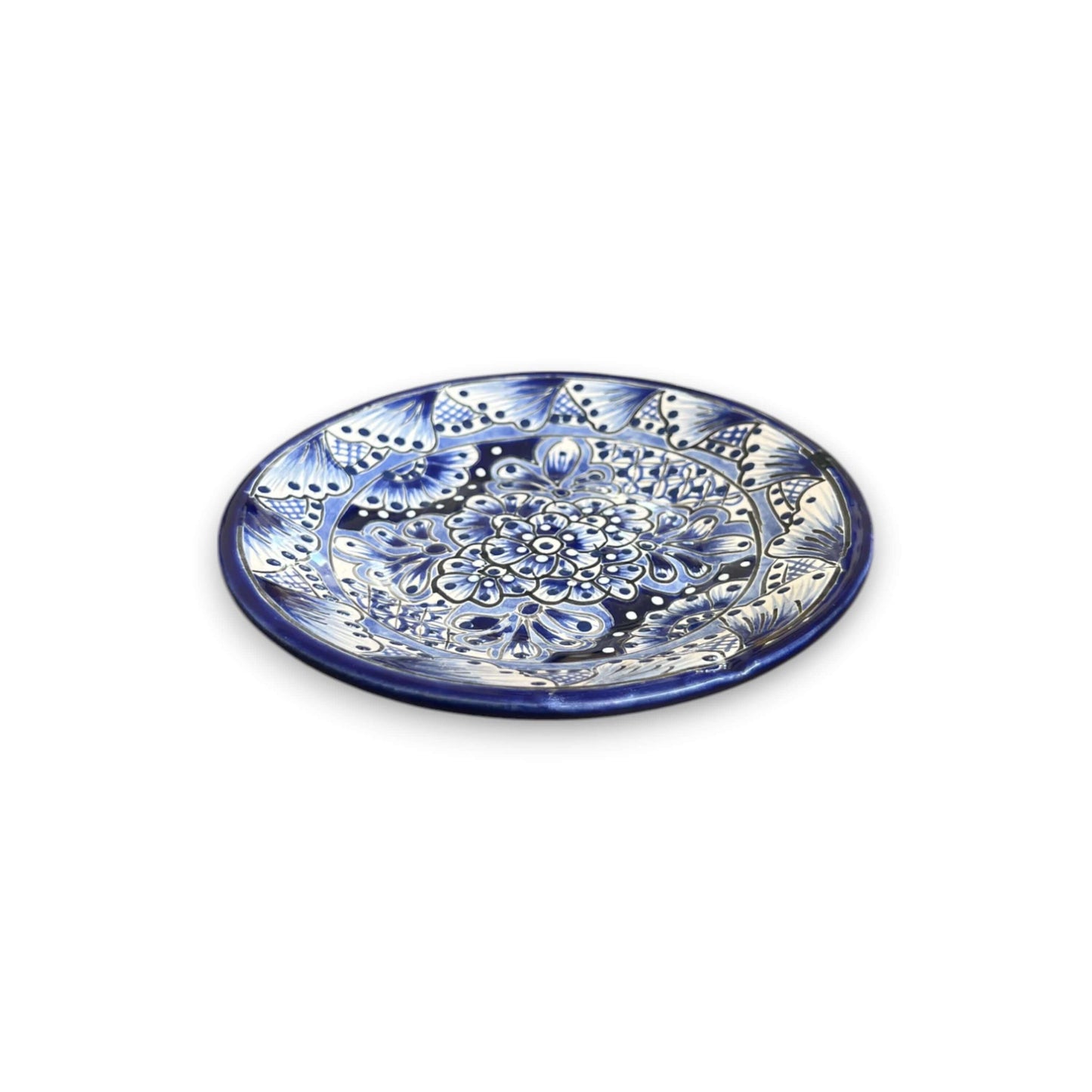 30-Piece Talavera Dinnerware Set | Blue & White Tableware for 6 - handcrafted blue and white Talavera salad plate with floral pattern