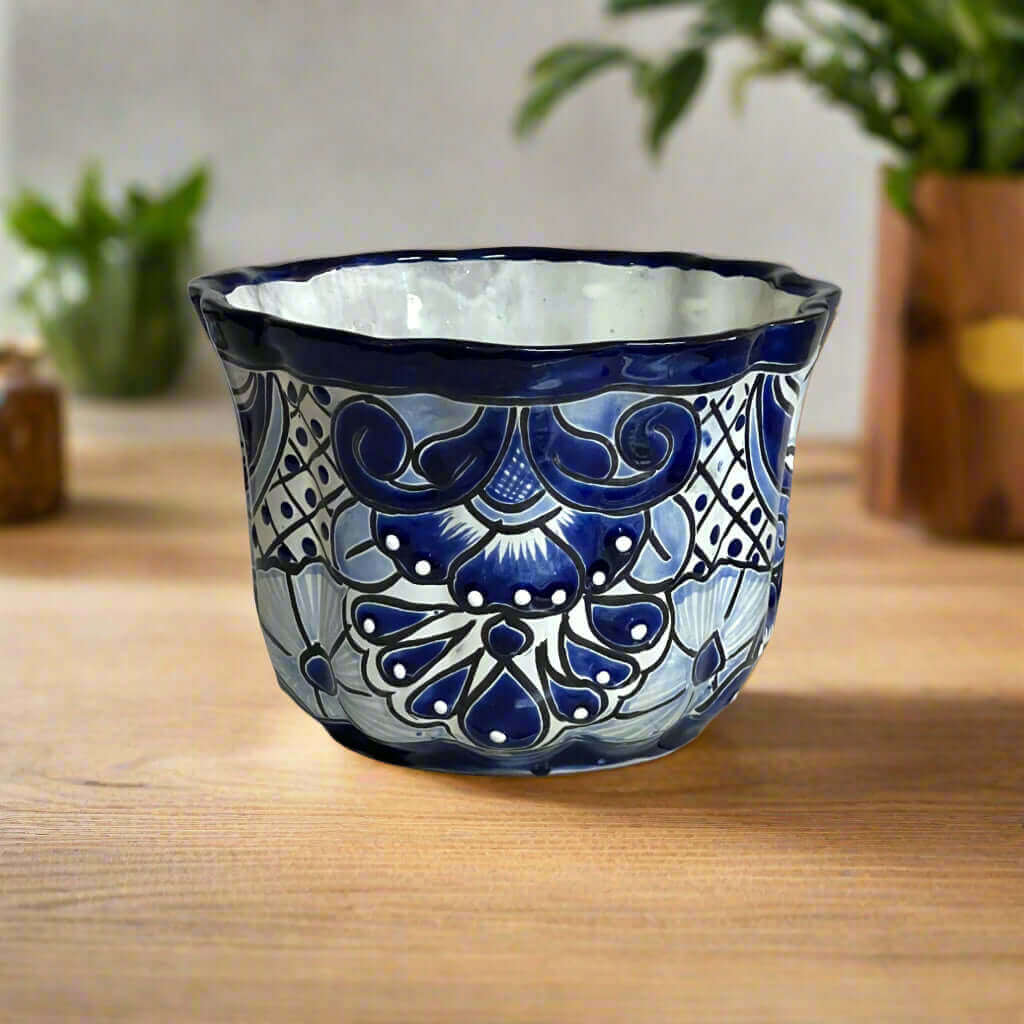 Talavera Flower Pot | Handcrafted Blue & White Mexican Ceramic - hand-painted cobalt blue floral ceramic planter on wooden table