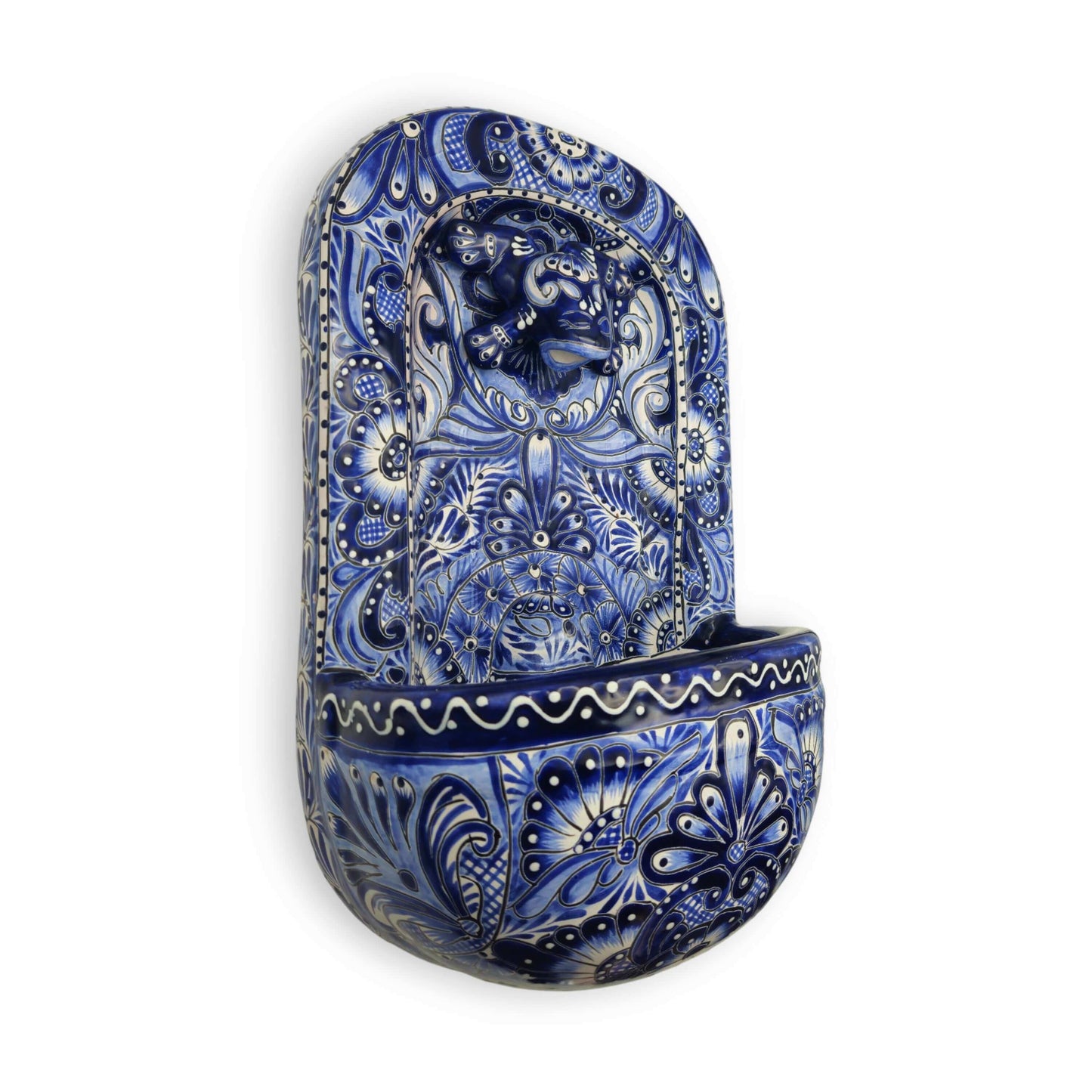 Blue & White Talavera Wall Fountain | Handcrafted Mexican Ceramic - hand-painted blue and white floral lion-head ceramic wall fountain
