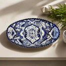Talavera Oval Serving Platter | Blue & White Mexican Kitchenware - hand-painted cobalt rim Talavera oval platter, kiln-fired lead-free glaze