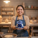 Handcrafted Talavera Panchito Figurine | Blue & White Pottery - artisan in workshop holding blue and white sleeping man pottery piece