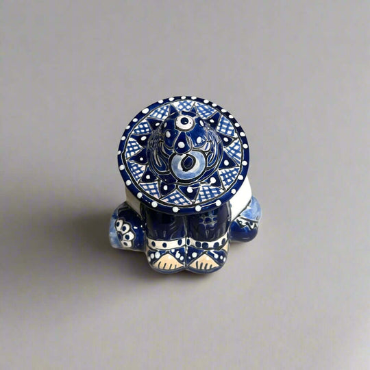 Handcrafted Talavera Panchito Figurine | Blue & White Pottery handcrafted sleeping man figurine in deep blue and white Talavera motifs