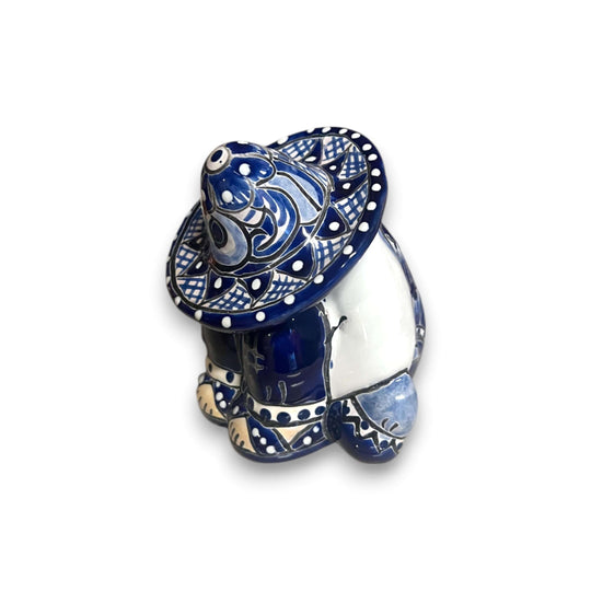 Handcrafted Talavera Panchito Figurine | Blue & White Pottery - handcrafted blue and white sleeping man ceramic with intricate Talavera motifs