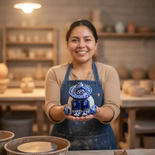 Handcrafted Talavera Panchito Figurine | Blue & White Pottery - artisan in workshop holding blue and white sleeping man pottery piece