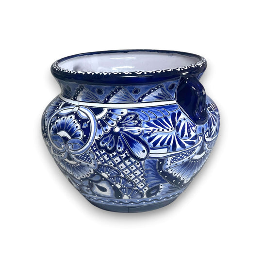 Handcrafted Talavera Planter | Blue & White Flower Pot - hand-painted cobalt rim floral ceramic planter from Guanajuato, lead-free glaze