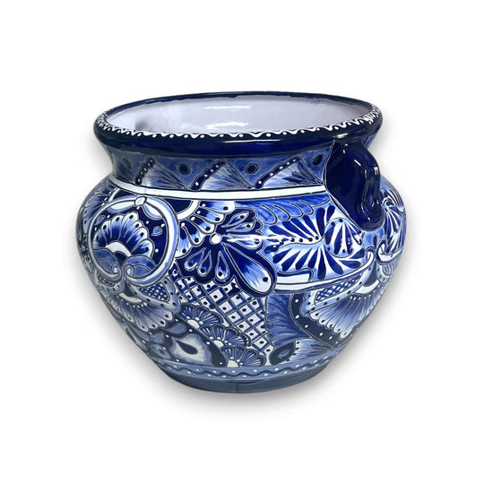 Handcrafted Talavera Planter | Blue & White Flower Pot - hand-painted cobalt rim floral ceramic planter from Guanajuato, lead-free glaze