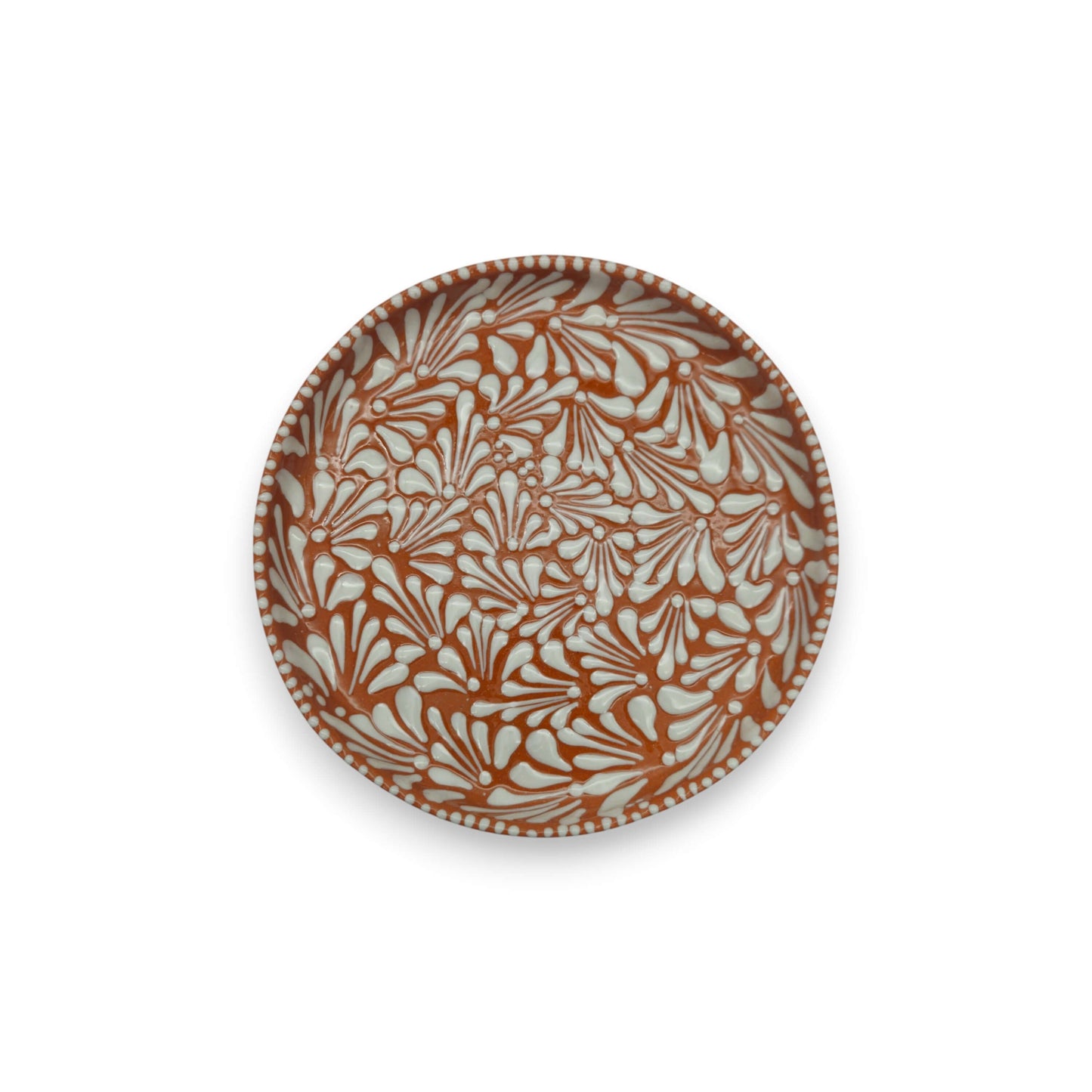 Handcrafted Talavera Dinnerware Set | Brown & White 4-Piece - round brown plate with intricate white floral Talavera pattern, handcrafted Mexican dinnerware